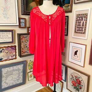80s Vintage Miss Elaine Red Lace Trim Long Sleeve Nylon Robe Size L Made in USA